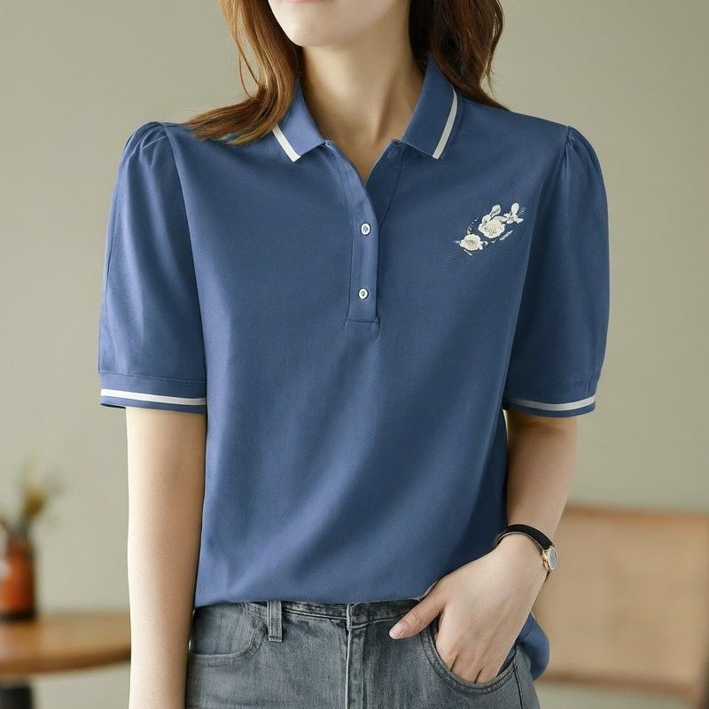 Summer Cotton Women'S Polo Shirts Custom Color Blue White Embroidery Puff Print