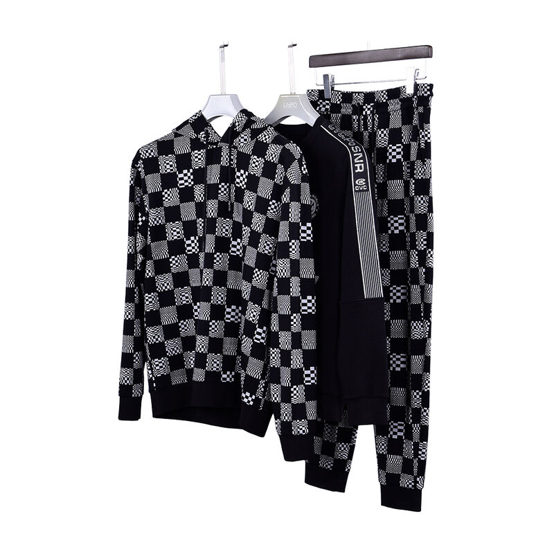 Fashion Skin-Friendly Checkerboard Hoodie and Track Pants Terry Jogger Sport Streetwear Sweatpants Set for Men