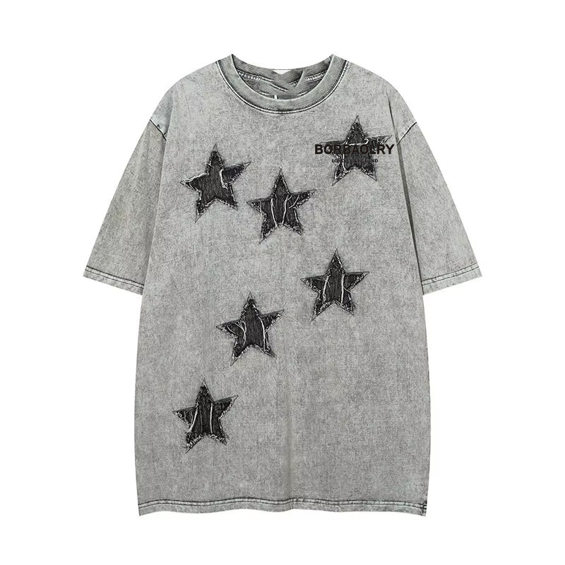 Custom High Quality Streetwear Crew Neck Tshirt Applique Patches Embroidery Acid Washed Vintage Tshirt