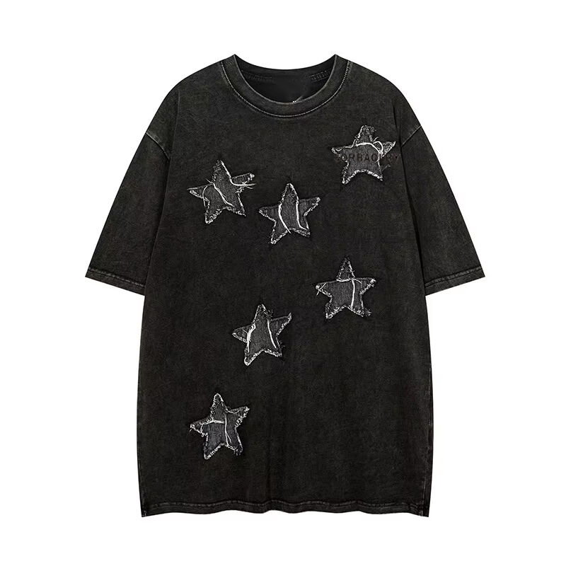 Custom High Quality Streetwear Crew Neck Tshirt Applique Patches Embroidery Acid Washed Vintage Tshirt