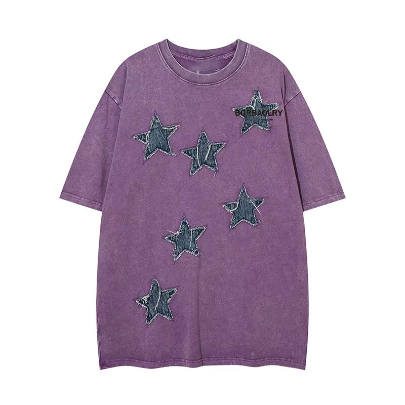 Custom High Quality Streetwear Crew Neck Tshirt Applique Patches Embroidery Acid Washed Vintage Tshirt