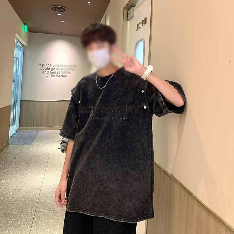 Vintage Detachable Short Sleeve T-Shirt Men's Loose Heavy Cotton Acid Wash T Shirt Top Summer Trend Brand T Shirts