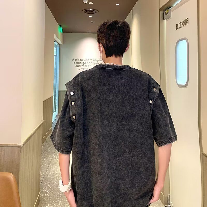 Vintage Detachable Short Sleeve T-Shirt Men's Loose Heavy Cotton Acid Wash T Shirt Top Summer Trend Brand T Shirts