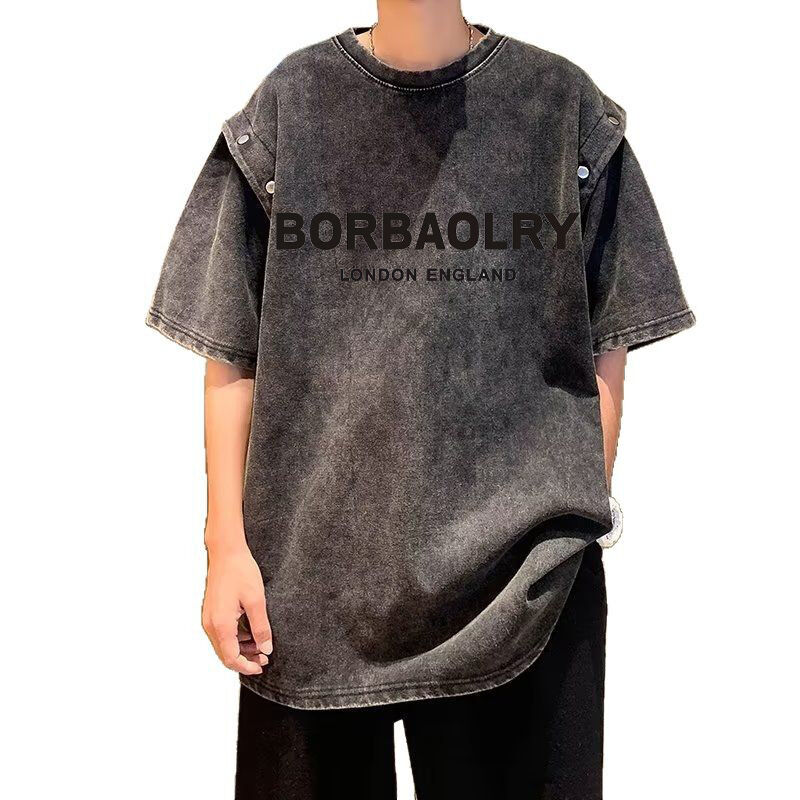 Vintage Detachable Short Sleeve T-Shirt Men's Loose Heavy Cotton Acid Wash T Shirt Top Summer Trend Brand T Shirts