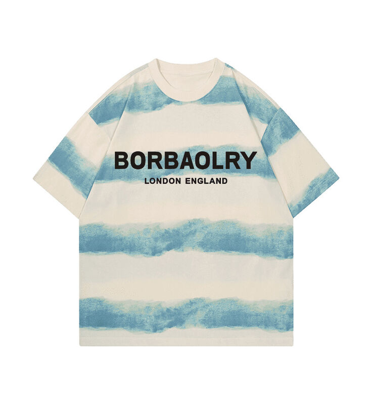Wholesale 220g T-shirt Cotton Fashion Casual Loose Striped Top Tie-dye Craft Dropped Shoulders Round Neck Short Sleeve