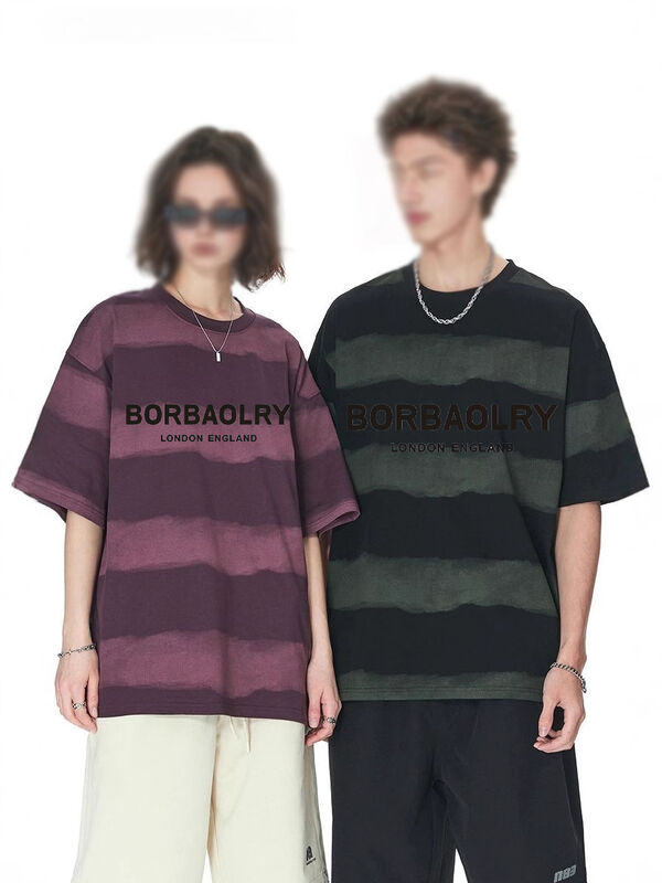 Wholesale 220g T-shirt Cotton Fashion Casual Loose Striped Top Tie-dye Craft Dropped Shoulders Round Neck Short Sleeve