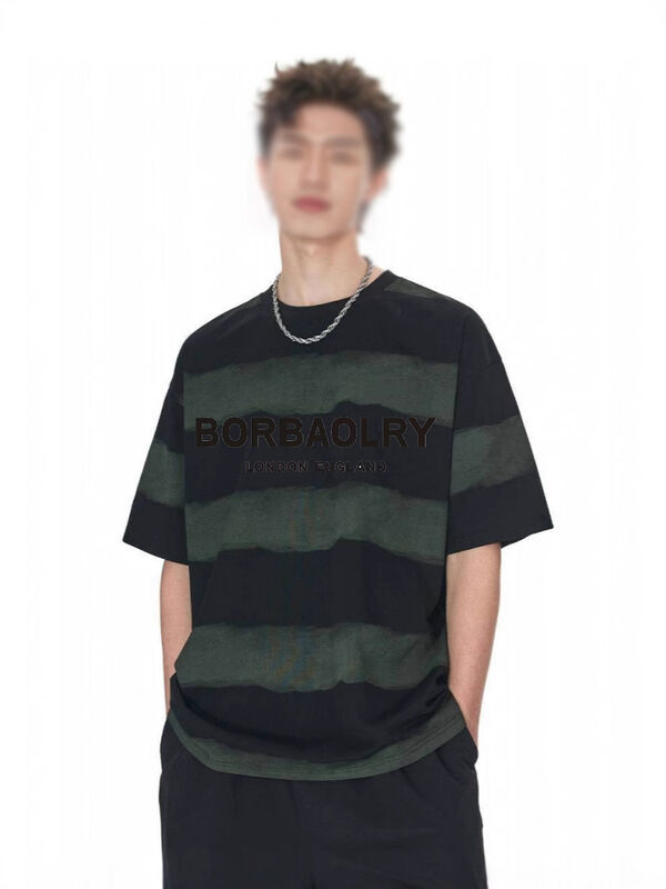 Wholesale 220g T-shirt Cotton Fashion Casual Loose Striped Top Tie-dye Craft Dropped Shoulders Round Neck Short Sleeve