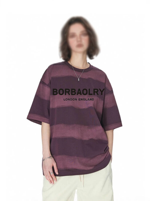 Wholesale 220g T-shirt Cotton Fashion Casual Loose Striped Top Tie-dye Craft Dropped Shoulders Round Neck Short Sleeve