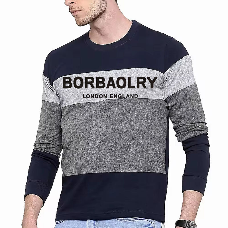 Men's Autumn and Winter Men's Large Size Round Neck Color Blocked Pullover Thin Long Sleeved T-shirt