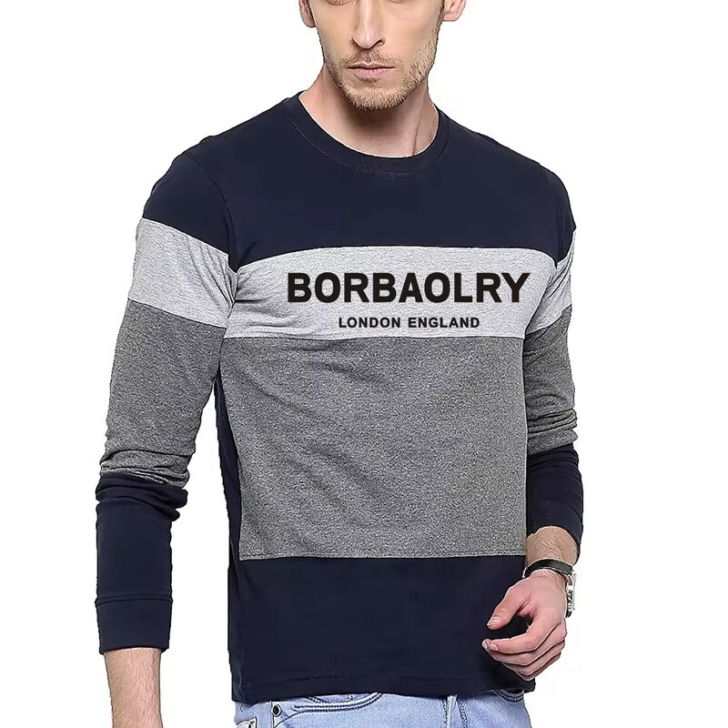 Men's Autumn and Winter Men's Large Size Round Neck Color Blocked Pullover Thin Long Sleeved T-shirt