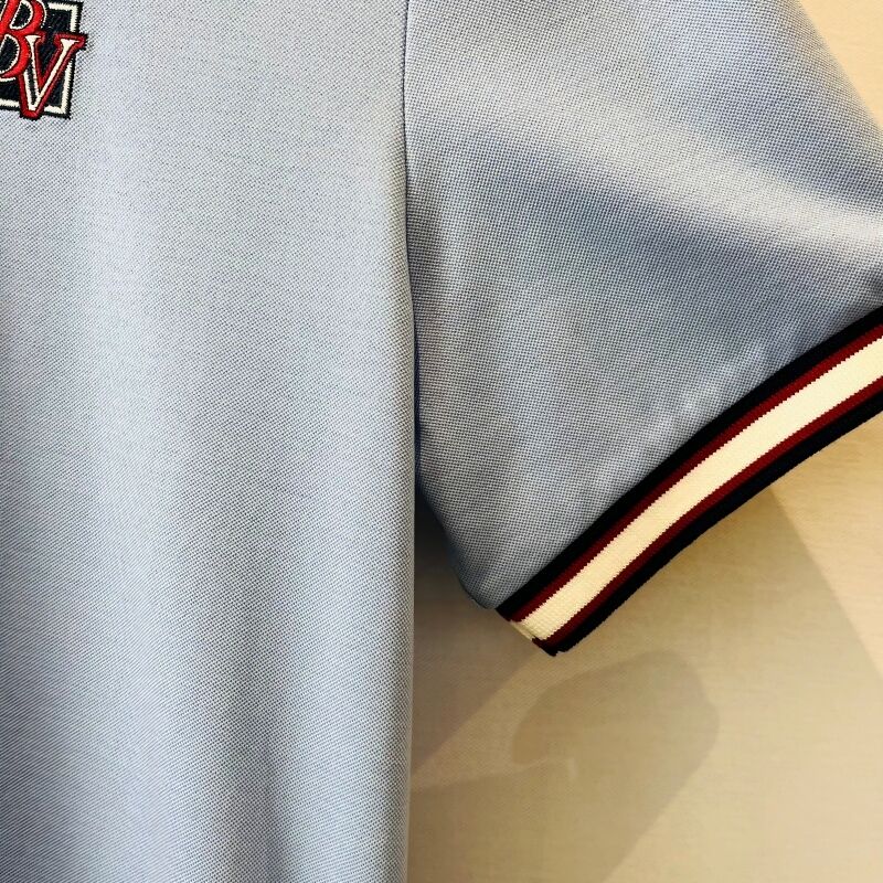 Men's Light Blue Polo Shirt with Contrast Collar &Embroidered Logo Business-Casual Style Men's Pique Polo Shirts