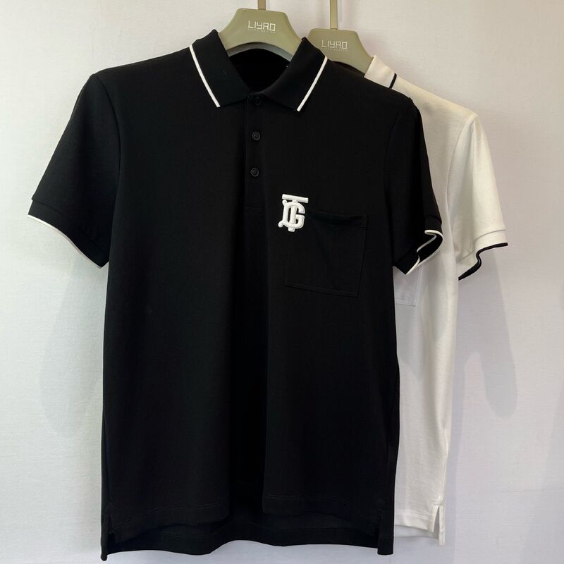 Men's Logo - Embroidered Polo Shirt | Black with White Trim Chest Pocket & Monogram Trendy Design Pique Men's Polo Shirt