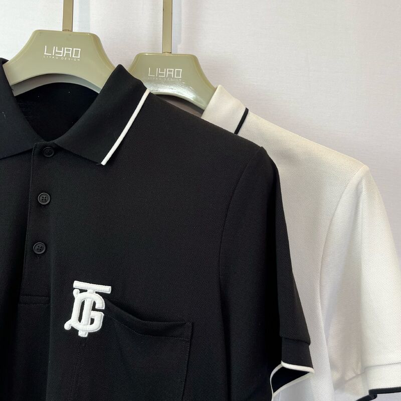 Men's Logo - Embroidered Polo Shirt | Black with White Trim Chest Pocket & Monogram Trendy Design Pique Men's Polo Shirt