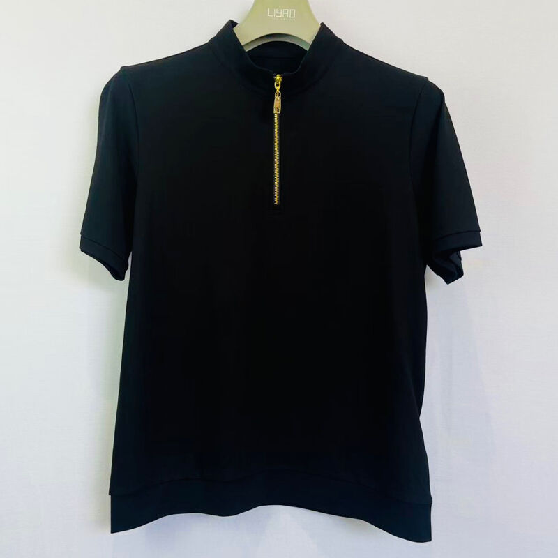 Men's Mock Neck Polo Shirt | Black with Gold Zipper Short - Sleeve Modern Minimalist Style Jersey Men's Polo T-Shirt