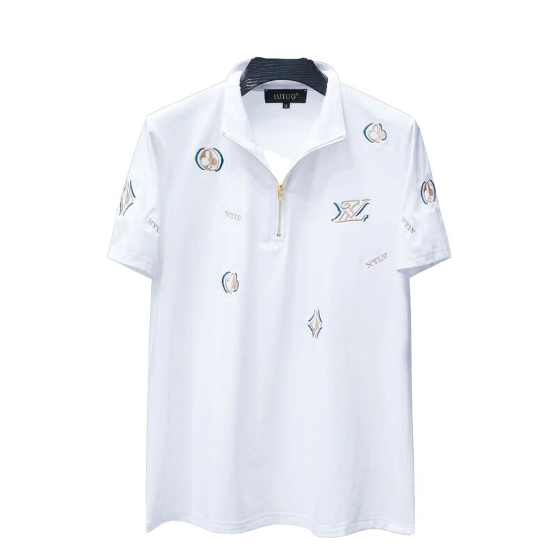 Manufacturer's Trendy Men's Casual Solid Woven Fabric Short Sleeve Coat Embroidered Lapel Versatile Youth Base Anti-Pilling