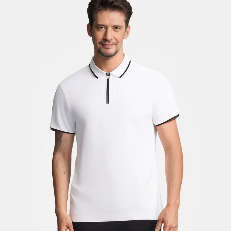 Men's Cotton POLO Golf T-Shirt Half-Zip Short Sleeve Breathable Knitted Style with High Quality Button Decoration