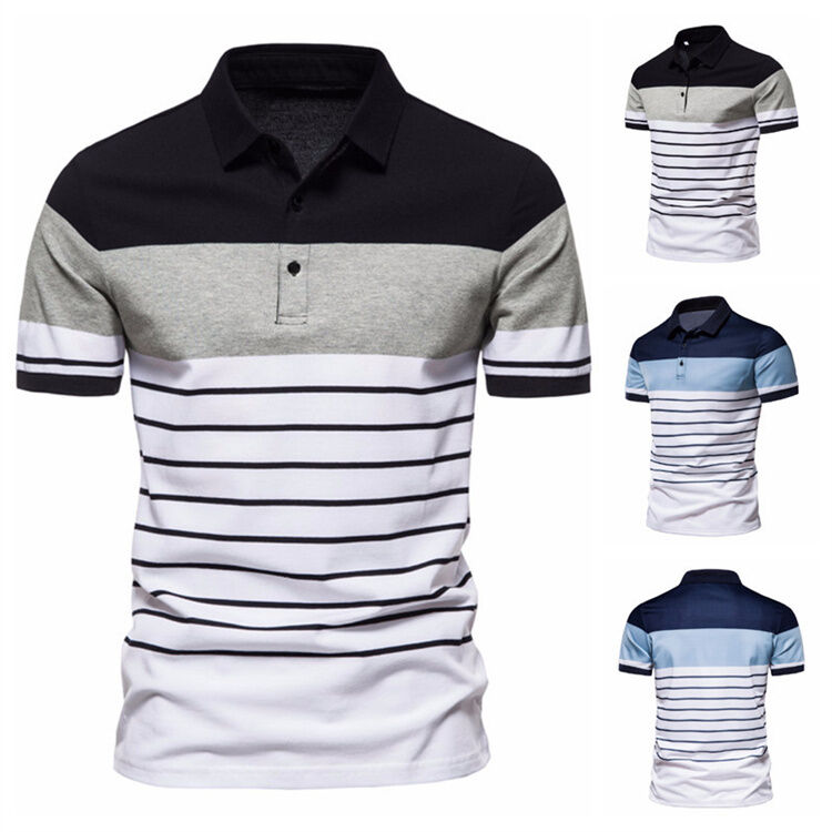 Men's Fashion Striped Patchwork Color Contrast Short Sleeve Lapel T-shirt POLO Shirt