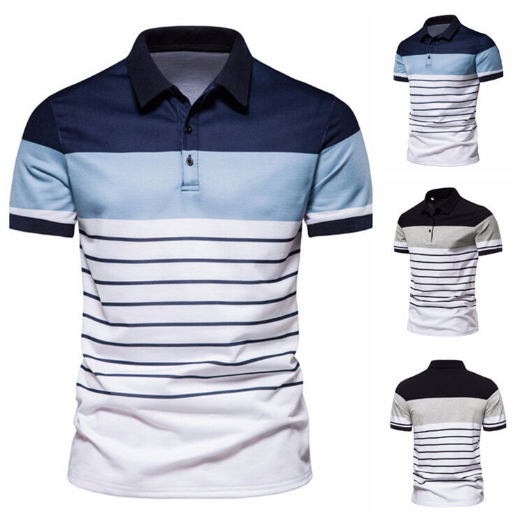 Men's Fashion Striped Patchwork Color Contrast Short Sleeve Lapel T-shirt POLO Shirt