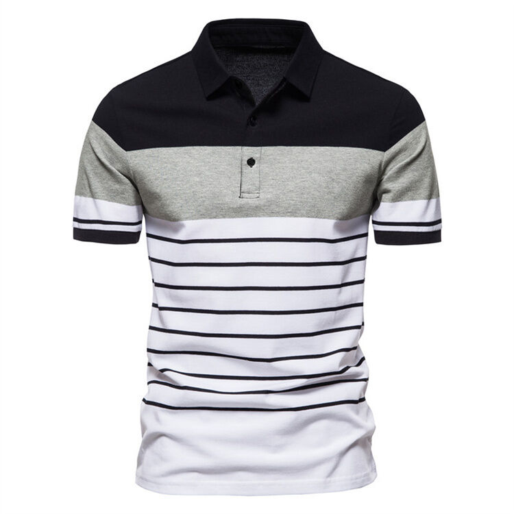Men's Fashion Striped Patchwork Color Contrast Short Sleeve Lapel T-shirt POLO Shirt