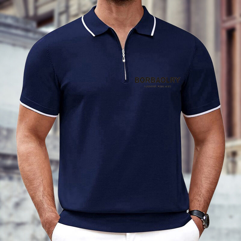 European Style Summer Men's Casual Business Polo Shirt Cotton Woven Solid Knit Pattern with Zipper Lapel Zipper Knit